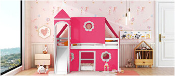 Hokku Designs Full Size Loft Bed With Slide Pink Tent And Tower - Blue