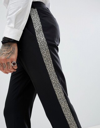 ASOS Slim Crop Smart Pants In Black Satin With Sequin Side Stripe for Men