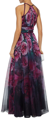 Marchesa Notte Satin-trimmed Appliqued Floral-print Chiffon Gown