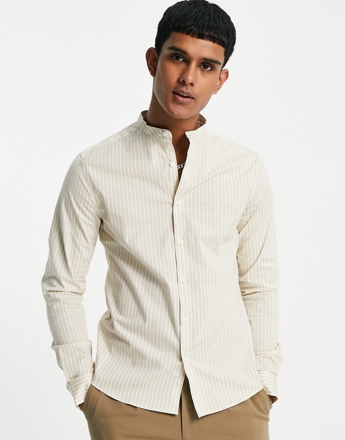 Threadbare Mens Camberwell Designer Grandad Collar Cotton Linen Mix Casual Shirt 