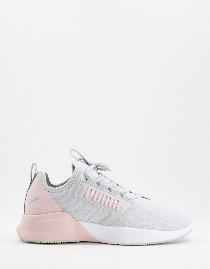 gray and pink puma shoes