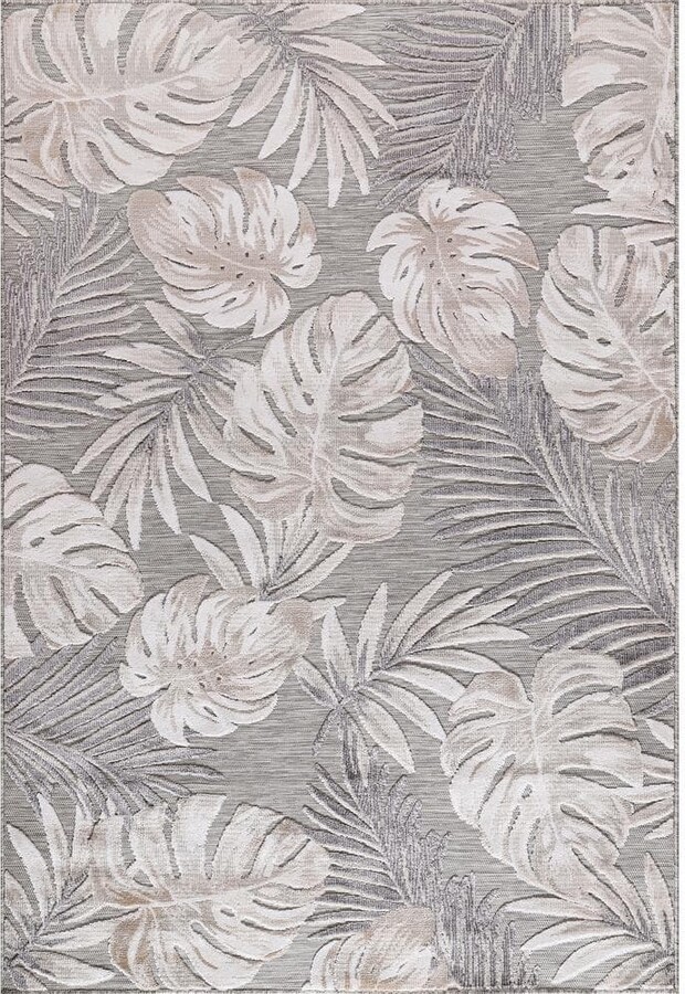 CAMILSON Bloom Beige/Gray 5 ft. x 7 ft. Leaf Tropical Botanical Indoor/Outdoor Area Rug