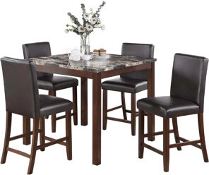 Benjara Wesley 5Pc Dining Table Set, Black Faux-Leather, Faux Marble, Cherry Brown