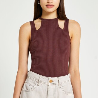 River Island Womens Brown ribbed cut out neck vest top