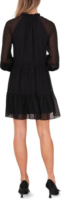 CeCe Long Sleeve Split-Neck Tiered Dress (Rich Black) Women's Clothing