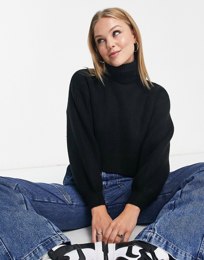 Monki turtle neck sweater with balloon sleeves in black knit - ShopStyle