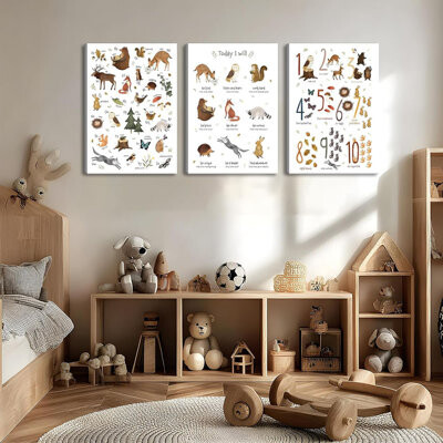 Animal Alphabet Numbers Wall Art Classroom Nursery Painting Wall Decor Educational ABC Poster Kids Playroom Picture Prints Positive Affirmations Anima