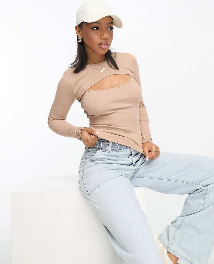 Miss Selfridge in rib cami top with shrug in mocha ShopStyle