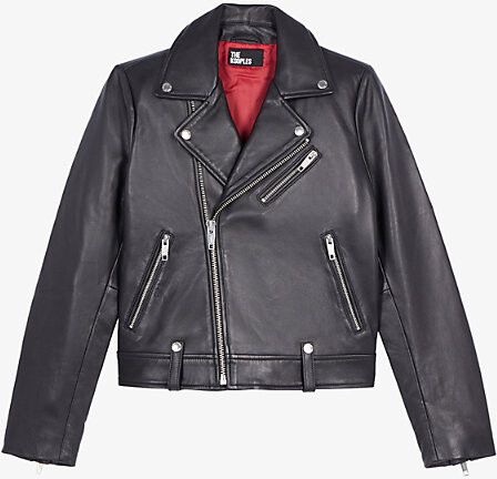 The Kooples Womens Black Asymmetric-Fastened Lambskin-Leather Biker Jacket L