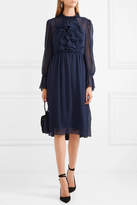 Thumbnail for your product : See by Chloe Ruffle-trimmed Embroidered Chiffon Dress - Navy