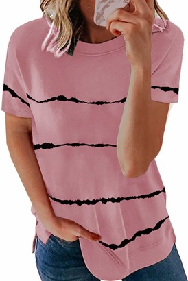 Yidarton Women's Casual Long Sleeve Tops Round Neck Tie Dye Stripe T-Shirts Blouse Side Split Sweatshirt Jumper (476-White Small)