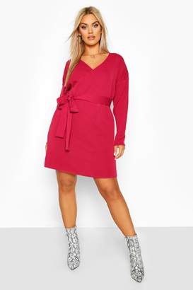 boohoo Plus Knitted Off The Shoulder Wrap Dress