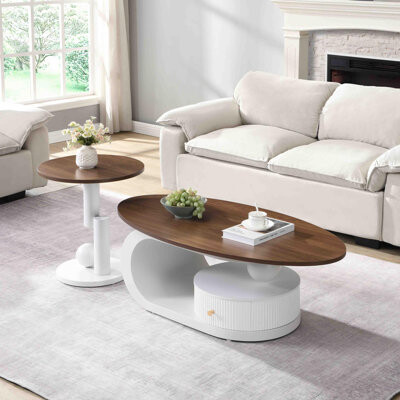 Luxury Nesting Coffee Table Set of 2, Tables with Storage for Living Room, Oval and Round Table Set, White Center Table, Cocktail Table, Side Table,