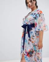 Thumbnail for your product : Little Mistress Plus plunge front maxi dress with cape detail in full bloom print