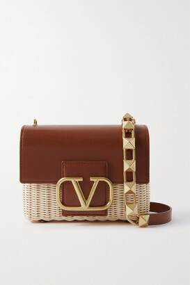 Valentino Garavani Embellished Leather And Raffia Shoulder Bag - Brown
