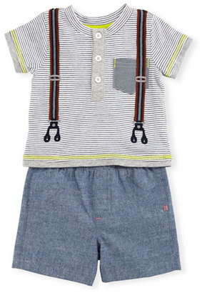 Miniclasix Short-Sleeve Striped Henley Tee w/ Chambray Shorts, Gray, Size 6-24 Months