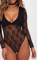 Thumbnail for your product : PrettyLittleThing Black Lace V Neck Longsleeve Thong Bodysuit