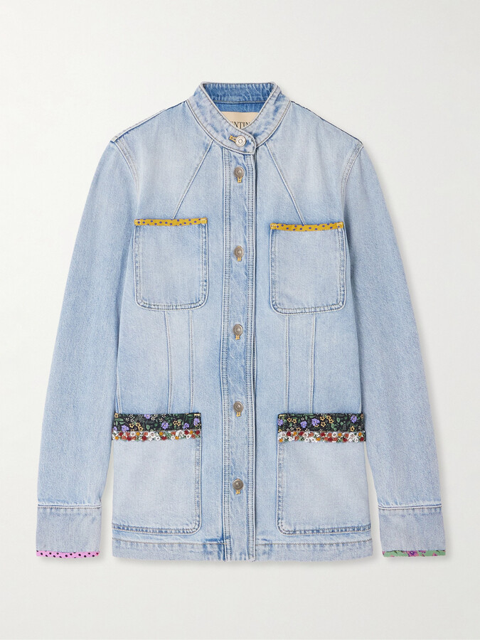 Valentino Garavani - Embellished Printed Chiffon-trimmed Denim Jacket - Blue