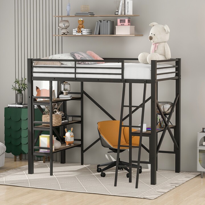 TiramisuBest Twin Size Black Metal Loft Bed with Shelves and Desk
