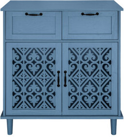 Latitude Run 2 Door Drawer Cabinet - Blue , Symmetrical Pattern Panel Suitable For Bedroom, Living Room, Study Home Use With Panel, Black Metal Handle, Smooth Rail