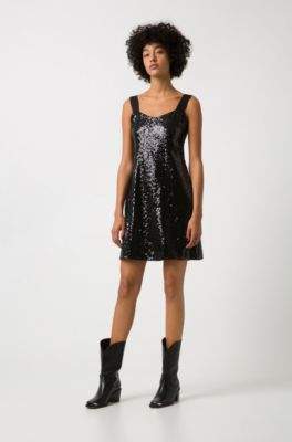 HUGO Regular-fit sequinned dress with bow-tie straps
