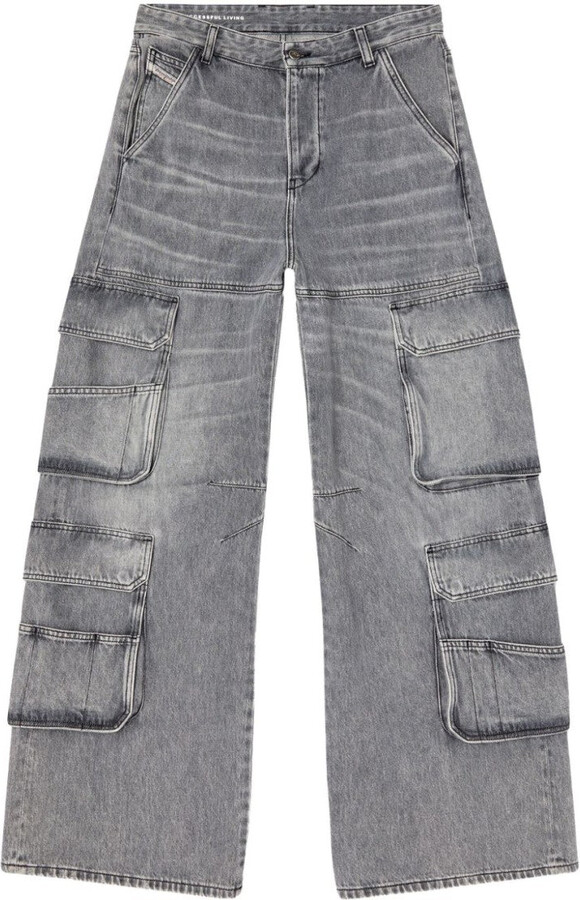 High-Waist Wide-Leg Denim Jeans With Cargo Pockets