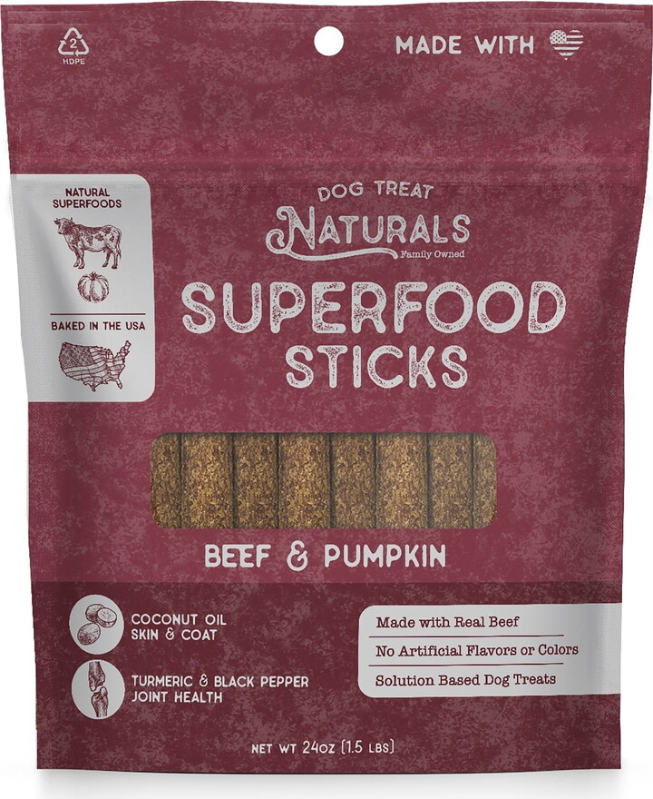 Dog Treat Naturals: Superfood Sticks - Beef & Pumpkin - 24oz Bag, Dog Chew Treats, All-Natural, Pet Training Snacks, Joint-Skin-Coat Health, USA Made