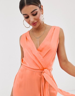Flounce London wrap front midaxi dress in tangerine