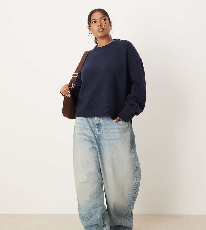 ASOS Curve ASOS DESIGN Curve boxy crew neck sweater with side split detail in navy