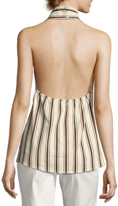 Rosie Assoulin Striped Linen Halter Top, Brown Pattern