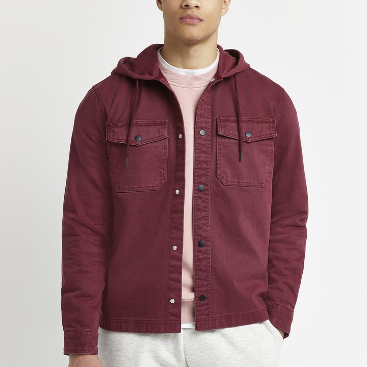 River Island Mens Red regular fit twill hooded shacket ShopStyle Jackets
