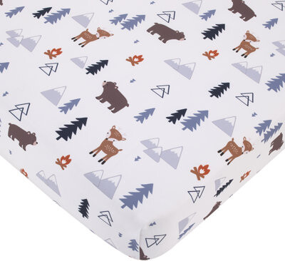 Redwood Rover Little Love by NoJo National Park Navy, Gray, Tan, and White Forest Friends Nursery Fitted Crib Sheet