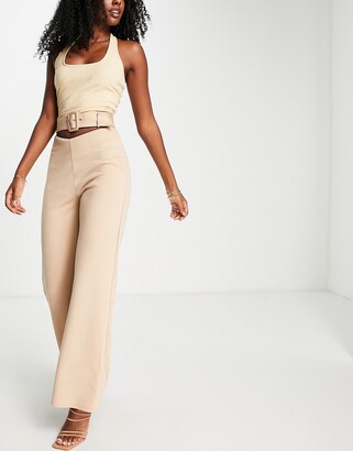 ASOS DESIGN wide leg pants with belted cut out waist in stone