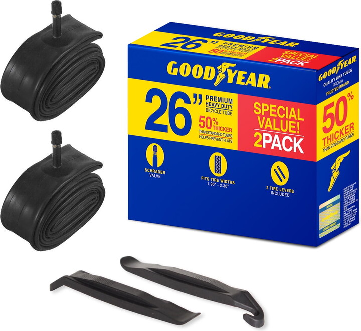 Goodyear 26" x 1.9"-2.3" Heavy Duty Bike Tube, 2 Pack, Schrader Valve