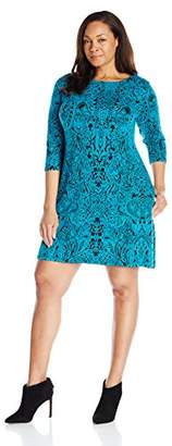 MSK Women's Plus-Size 3/4 Sleeve Jacquard Dress with Exposed Back Zipper, Teal/Black