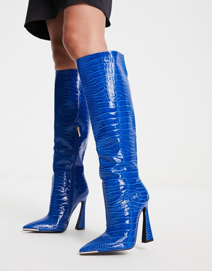 SIMMI Shoes Simmi London Ravi flare heel knee boots in cobalt blue croc ...