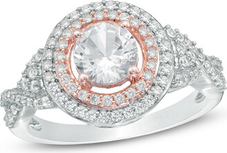 Zales 6.0mm Lab-Created White Sapphire Double Frame Ring in Sterling Silver with 14K Rose Gold Plate