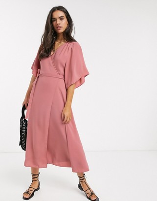 dusty pink cape style wrap midi dress
