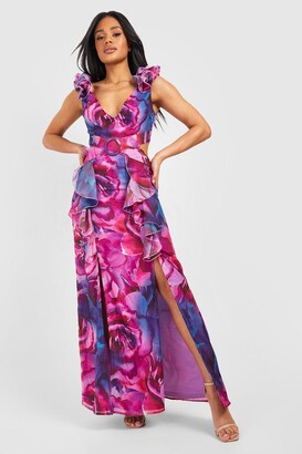 boohoo Floral Ruffle Belted Chiffon Maxi Dress