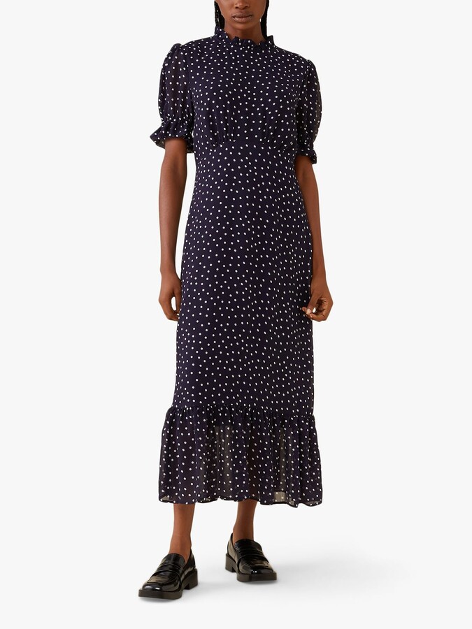 Finery Camille Spot Print Ruffle Neck Midi Dress, Navy - ShopStyle