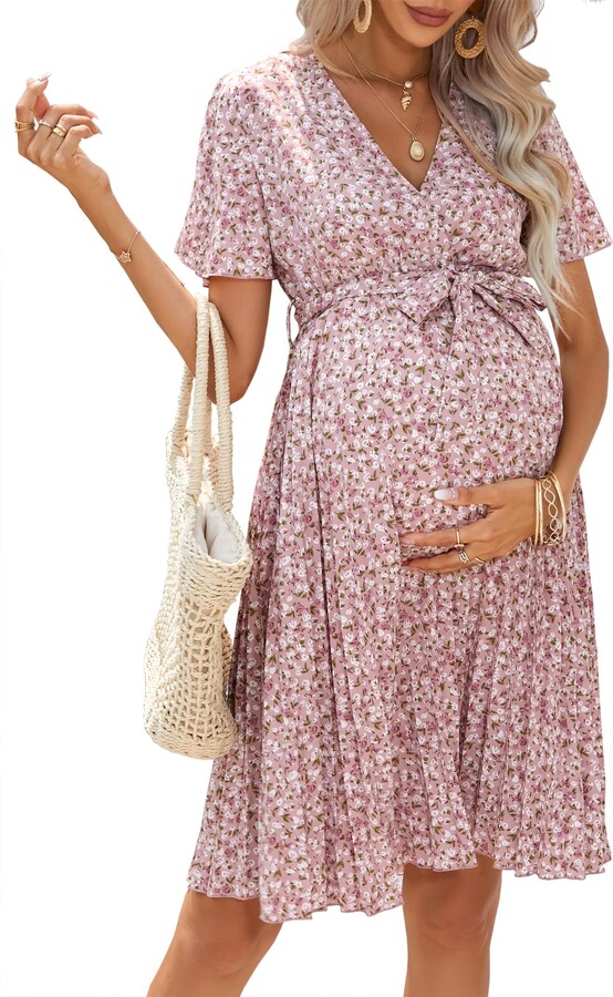 FUNJULY Women's Maternity Pleated Short Sleeve Wrap V Neck Summer Midi  Dress Casual Nursing Dress Baby Shower Photoshoot Belt Pink Floral-v XXL -  ShopStyle