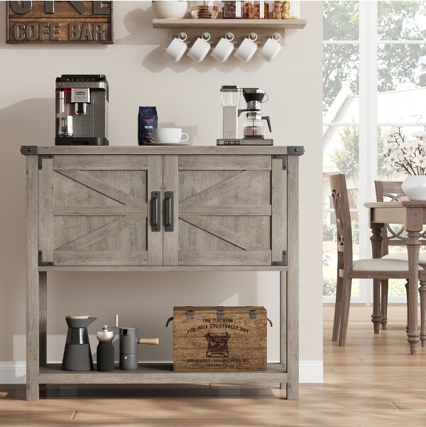 LinTimes FarmhouseBuffetSideboardwith2-DoorCabinetandShelfWoodConsoleTablewithStorageforKitchenHallwayDining