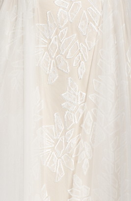 Tadashi Shoji Lace Applique V-Neck Wedding Dress with Overskirt