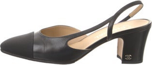 Chanel Leather Slingback Pumps Black Interlocking CC Logo Round-Toes Buckle Closure at Ankles Designer