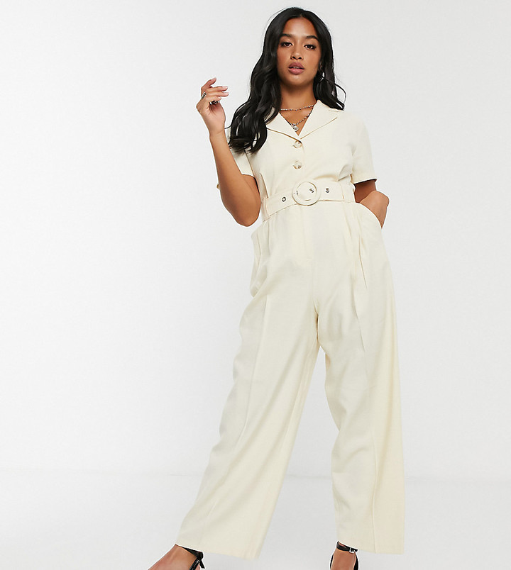 Topshop Petite belted jumpsuit in cream - ShopStyle