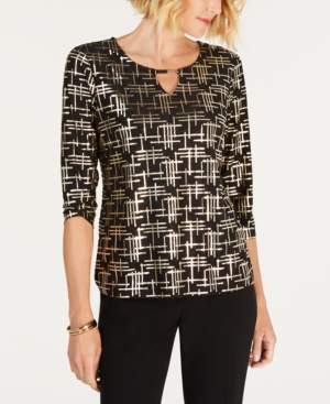 JM Collection Foil Jacquard Elbow-Sleeve Keyhole Top, Created for Macy's