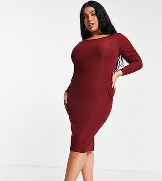 Yours Exclusive ribbed bodycon midi dress in wine