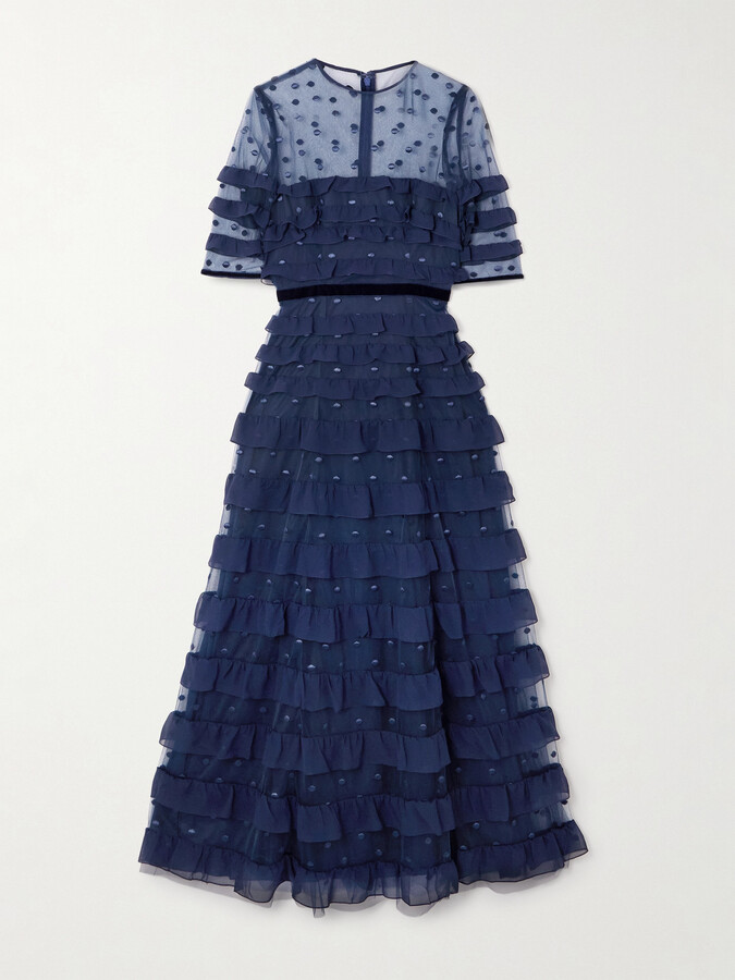 Costarellos Velvet-trimmed Point D'esprit And Ruffled Chiffon Midi Dress - Blue