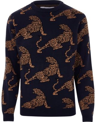 River Island Mens Black Bellfield tiger print knit jumper