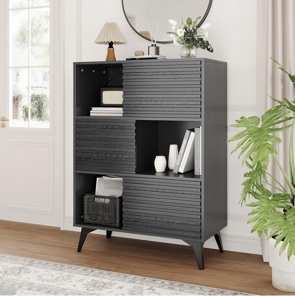 Coolmee 3-TierBookShelf&StorageCabinet-SolidWoodPantryCabinetwithAdjustableShelvesSmallStorageCabinetforLivingRoomKitchenBlack